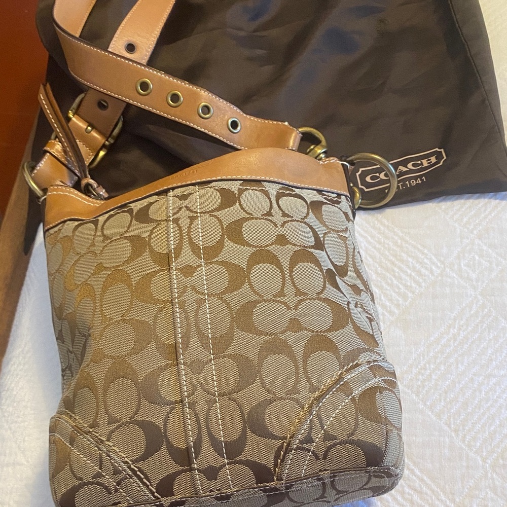 Coach Brown and Tan Signature Crossbody Bag